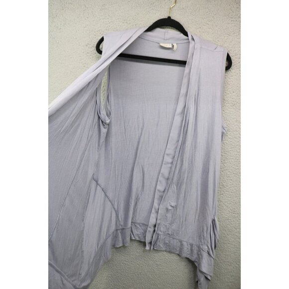 LOGO by Lori Goldstein Sleeveless Gray Silky Open Front Overlay-1X-Boho-Pockets - Picture 6 of 14